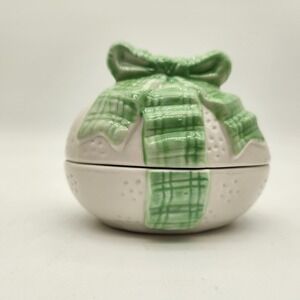 Loomco Hermitage Pottery 1998 Ceramic Gift Box Trinket Dish Green Plaid Bow